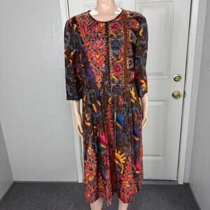 Vintage 50's 60s Batik Floral Print Dress Cotton Party Handmade Bright II6